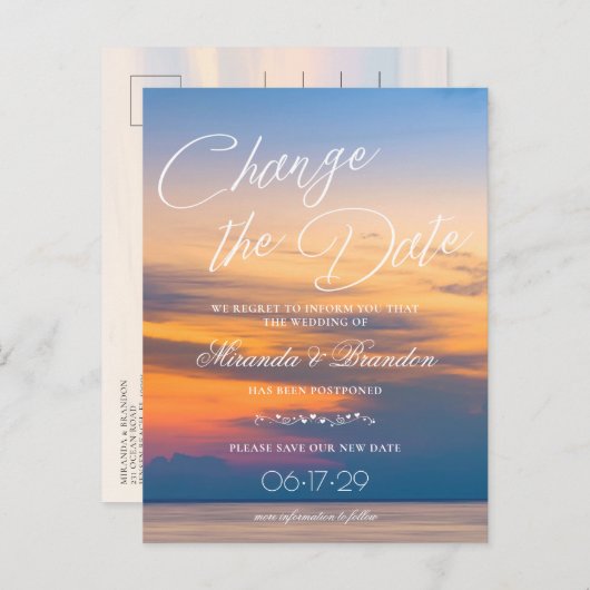 夏モダン日没の日付の変更ビーチ結婚式 案内ポストカード (正面/裏面)