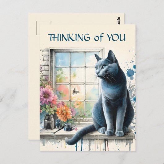 夏ロシアのの花が咲く窓の青い猫 ポストカード (正面/裏面)