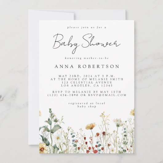 夏ワイルドフラワーフィールド赤ちゃんシャワー 招待状 (正面)
