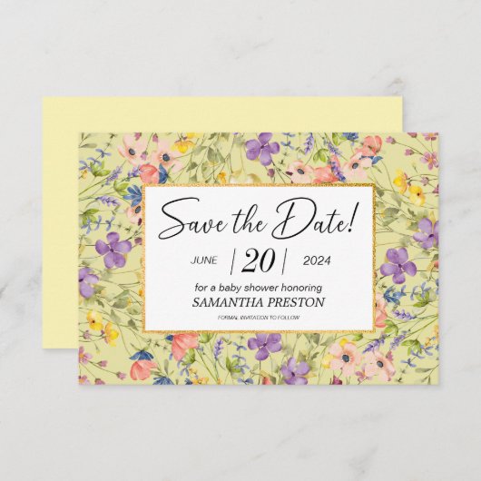 夏ワイルドフラワー牧草地ベビーシャワー セーブザデート (正面/裏面)