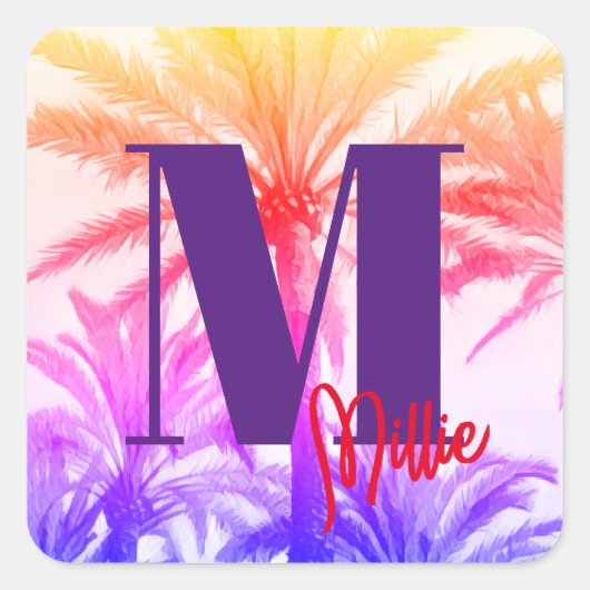 夏休みトロピカルパームツリーレトロ80年代 スクエアシール (正面)