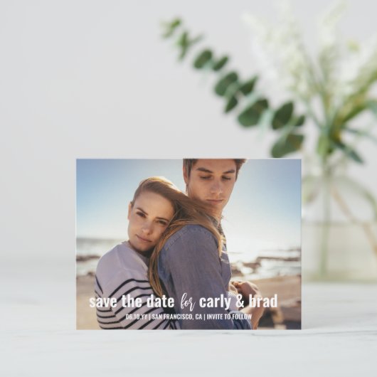 夏休み写真ウェディング日付を保存 ポストカード (スタンド正面)