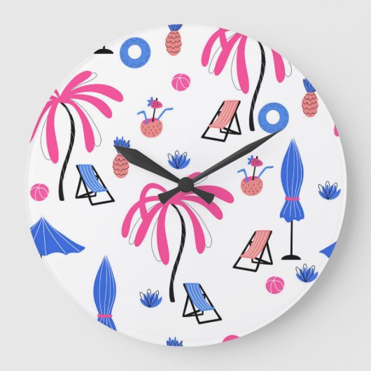夏休み:ヤシの木パイナップルパターン ラージ壁時計 (正面)