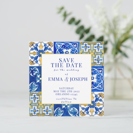 夏地中海ののモダンタイル「日付を保存」 招待状 (スタンド正面)