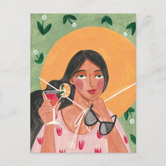 夏帽子サングラスフローラ壁紙 ポストカード (正面)