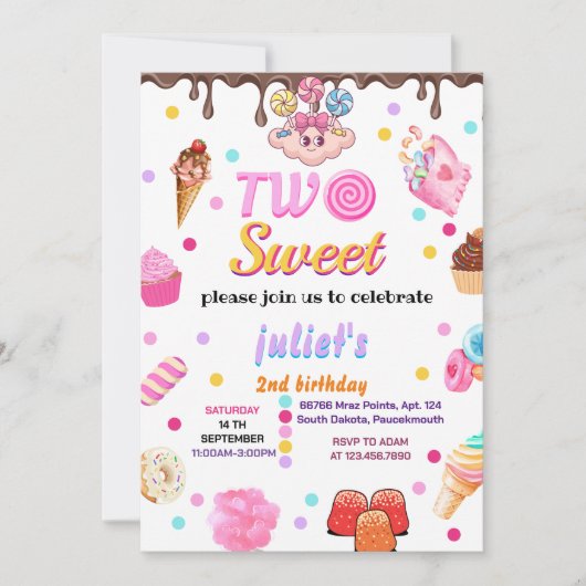 夏恋しく思可愛い子供の女の子2甘い2歳の誕生日 招待状 (正面)