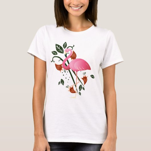 夏春花女子ピンクフラミンゴ Tシャツ (正面)