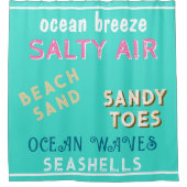 夏期ターコイズビーチサンドタイポグラフィ シャワーカーテン (正面)