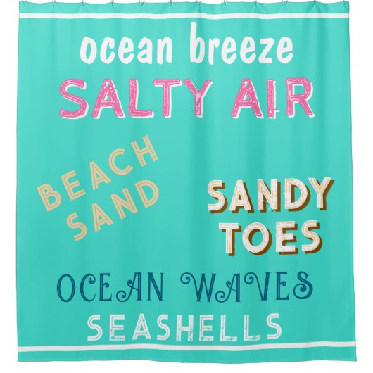 夏期ターコイズビーチサンドタイポグラフィ シャワーカーテン (正面)