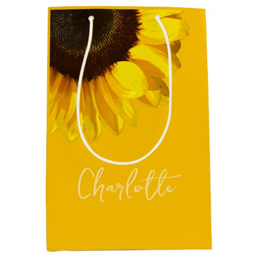 夏期黄色ひまわりカスタマイズ可能な名前 ミディアムペーパーバッグ (正面)