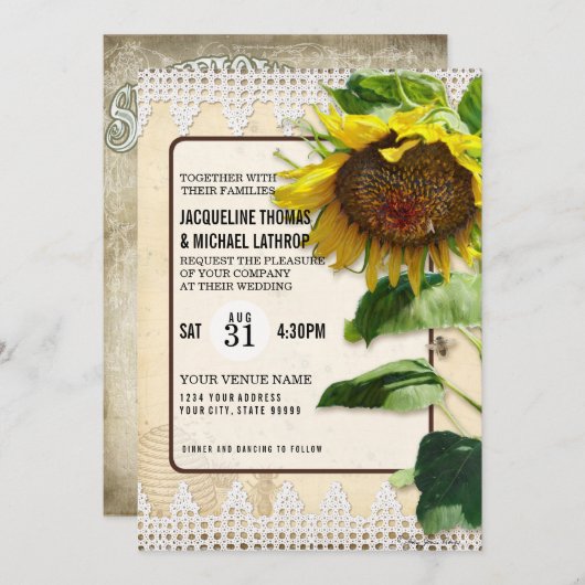 夏秋ひまわりフローラ素朴ウッドビー 招待状 (正面/裏面)