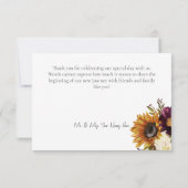 夏素朴のヒマワリとバーガンディのフローラ結婚ズ サンキューカード (裏面)