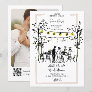 夏結婚の手描き写真とQrコード 招待状