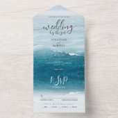 夏結婚の波の海の青いグラデーション海 オールインワン招待状 (内側)