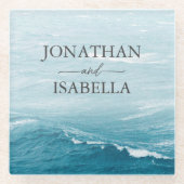 夏結婚の波の海の青いグラデーション海 ガラスコースター (正面)