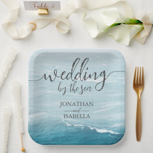 夏結婚の波の海の青いグラデーション海 ペーパープレート (ウェディング)