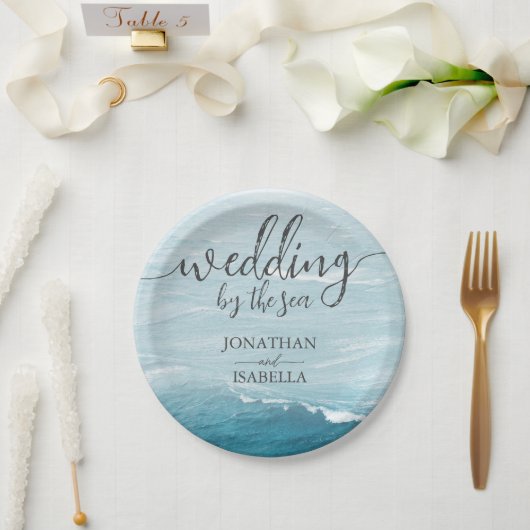 夏結婚の波の海の青いグラデーション海 ペーパープレート (ウェディング)