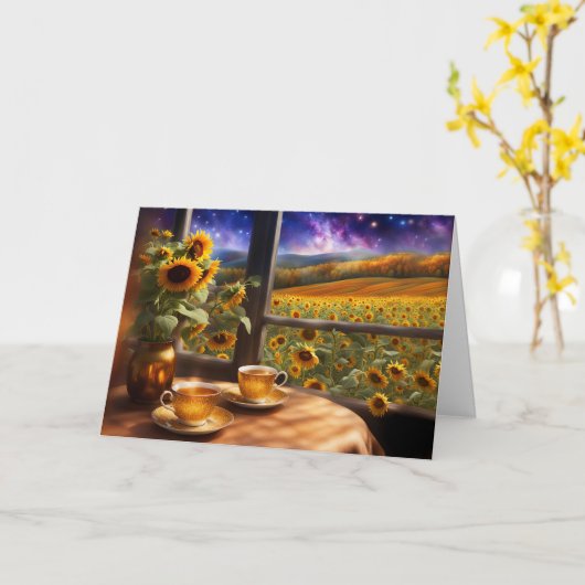 夏至の神秘的なティーとひまわり Pretty カード (黄色い花)