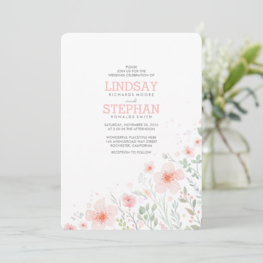 夏草原のピンクによっては水彩画の結婚式が開花します 招待状 (スタンド正面)