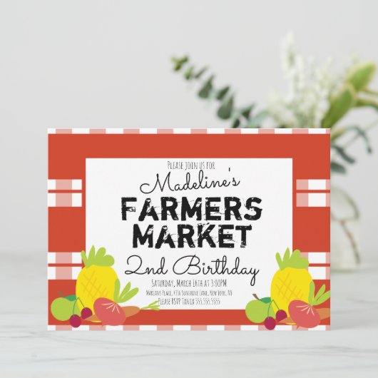 夏農家市場野菜ピクニック誕生日 招待状 (スタンド正面)