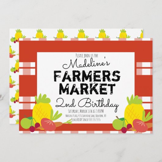 夏農家市場野菜ピクニック誕生日 招待状 (正面/裏面)