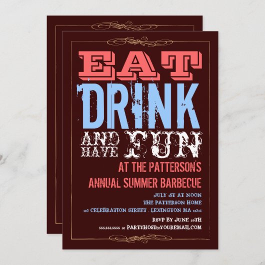 夏食べのBBQパーティーでおもしろいを飲み、持つ 招待状 (正面/裏面)