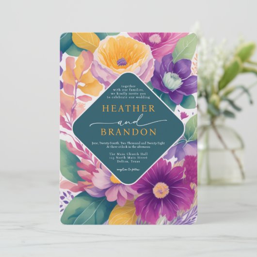 夏鮮やかカラフル水の色のフローラ結婚 招待状 (スタンド正面)