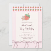 夏，イチゴ，リボン写真1st誕生日 招待状 (正面)