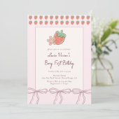 夏，イチゴ，リボン写真1st誕生日 招待状 (スタンド正面)
