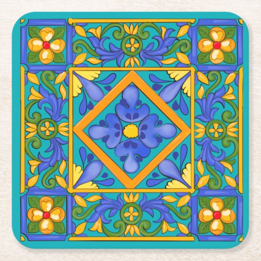 夏，シチリアのタイル，マジョリカ地中海の, スクエアペーパーコースター (正面)