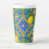 夏，シチリアのタイル，柑橘類，オレンジ，マジョリカ カフェラテマグ (正面)