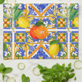 夏，シチリアのタイル，柑橘類，オレンジ，マジョリカ キッチンタオル (折り畳み)