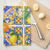 夏，シチリアのタイル，柑橘類，オレンジ，マジョリカ キッチンタオル (四つ折り)