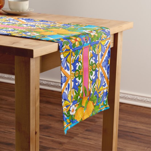夏，シチリアのタイル，柑橘類，レモン地中海 ショートテーブルランナー (インサイチュ)