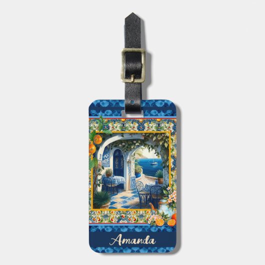 夏、シチリアオレンジ地中海のマジョリカ ラゲッジタグ (正面縦)