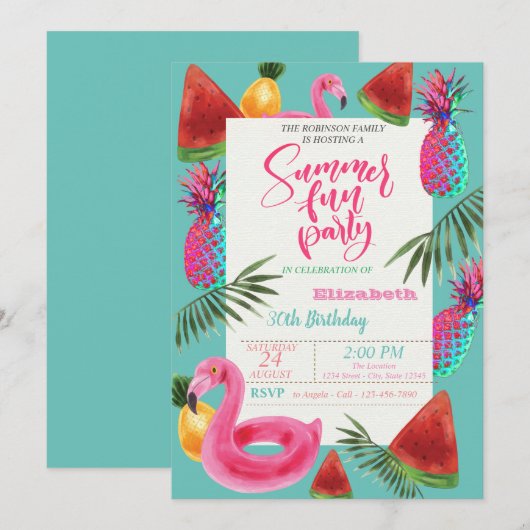 夏、パイナップル、スイカの誕生日パーティー 招待状 (正面/裏面)