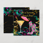 夏 ピンク ブラック ビーチ プールパーティー 招待状 (正面/裏面)