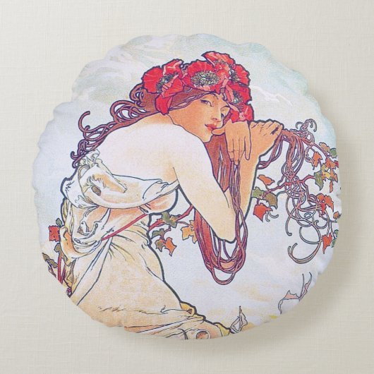 夏（フォーシーズンズ）、アルフォンスミュシャ装飾用クッション ラウンドクッション (正面)