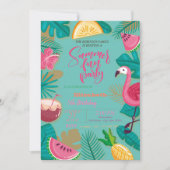 夏,フルーツ,パームリーフフラミンゴ誕生日パーティー 招待状 (正面)