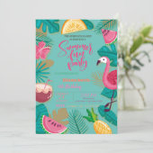 夏,フルーツ,パームリーフフラミンゴ誕生日パーティー 招待状 (スタンド正面)