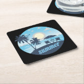 夏、日、ビーチ、椅子、傘とヤシの木 スクエアペーパーコースター (アングル)