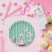 夏、春、緑のストライプのマグノリア柄 ペーパープレート (パーティー)