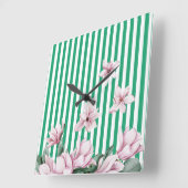 夏，春，緑のストライププリント  スクエア壁時計 (傾斜)