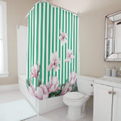 夏，春，緑のストライプマグノリアプリント シャワーカーテン (インサイチュ)