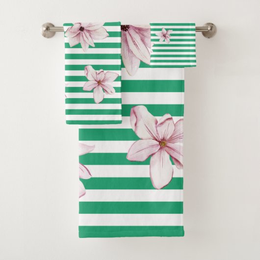 夏，春，緑のストライプマグノリアプリント バスタオルセット (インサイチュ)
