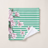 夏，春，緑のストライプマグノリアプリント バスタオルセット (ウォッシュタオル)