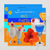 夏BBQパーティーカクテルドリンクブルーイエロー 招待状 (正面/裏面)