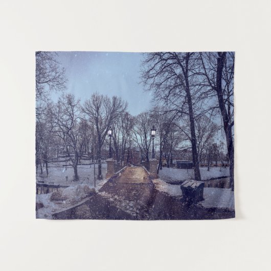 夕べの冬の雪の市公園 タペストリー (正面(横))