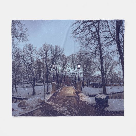 夕べの冬の雪の市公園 フリースブランケット (正面(横))