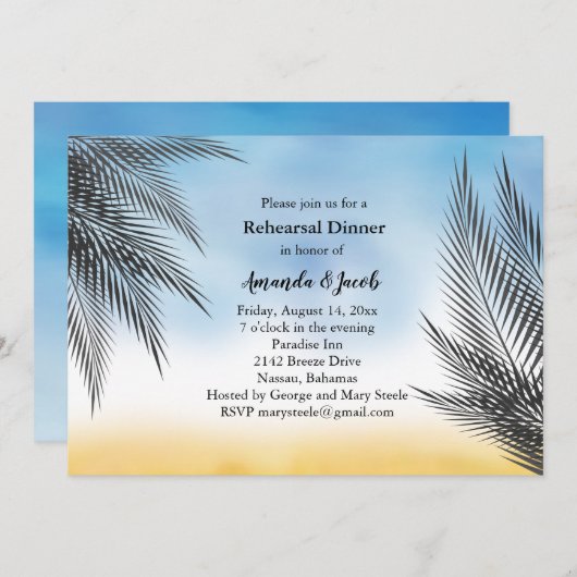 夕べウォーターカラーパーム葉リハーサルディナー 招待状 (正面/裏面)